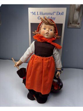 M.I. Hummel Doll On Holiday Goebel Collectible w/Box Figurine Basket Broom 15" T